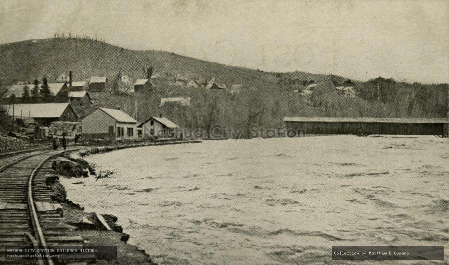 Postcard: Railroad Station, Bristol, New Hampshire, Pemigewasset River, Freshet of April, 1895. Central Bridge